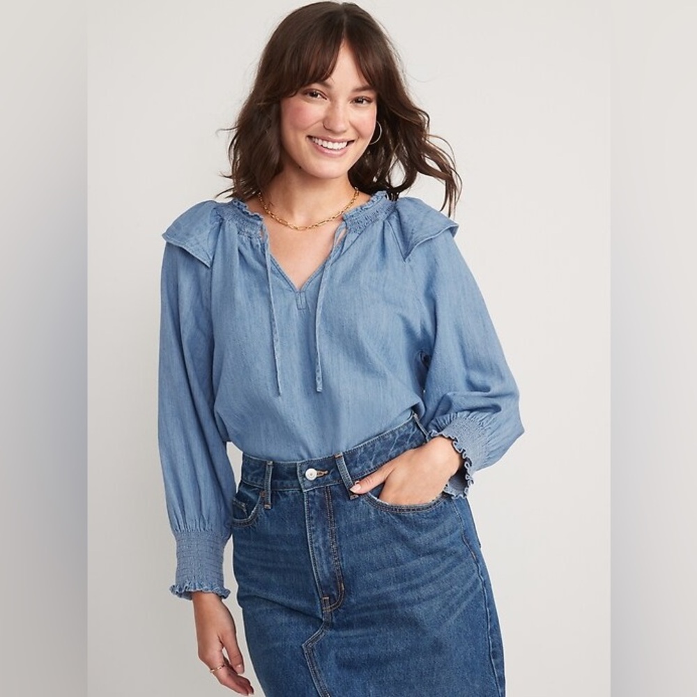 Old Navy Puff-Sleeve Non-Stretch Jean Ruffle-Trimmed Poet Blouse Size L Denim